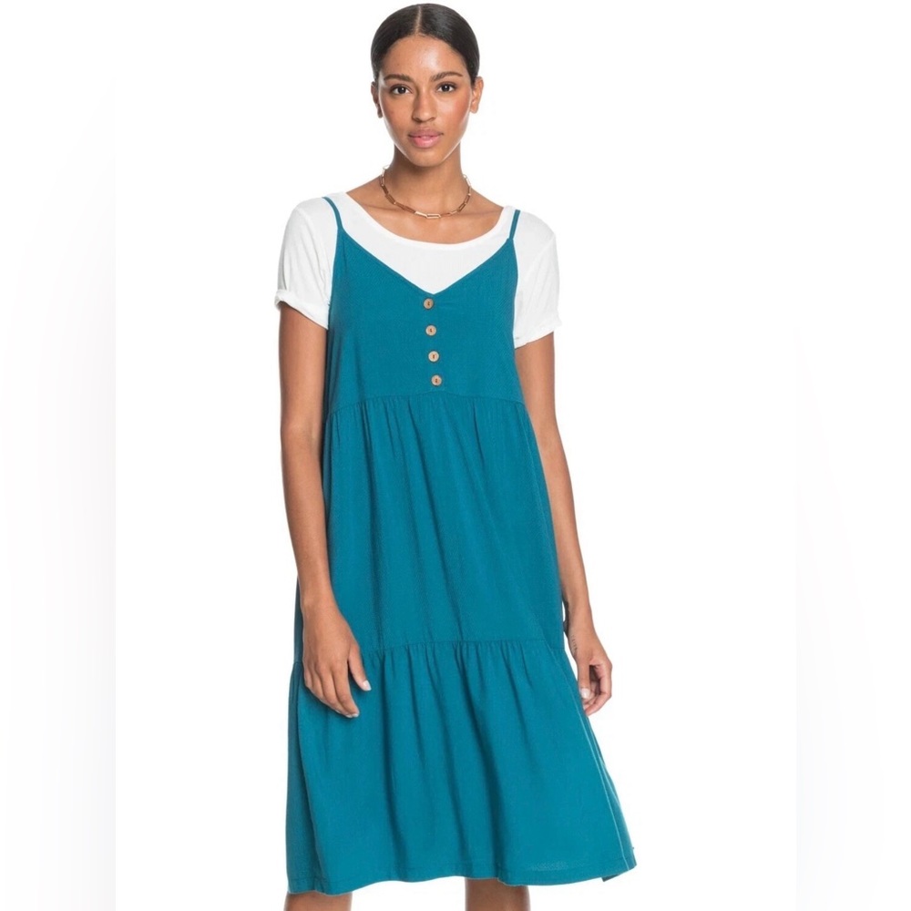 Womens Roxy Midi Dress Tiered Sundress Spaghetti Straps Teal Size Medium Beach